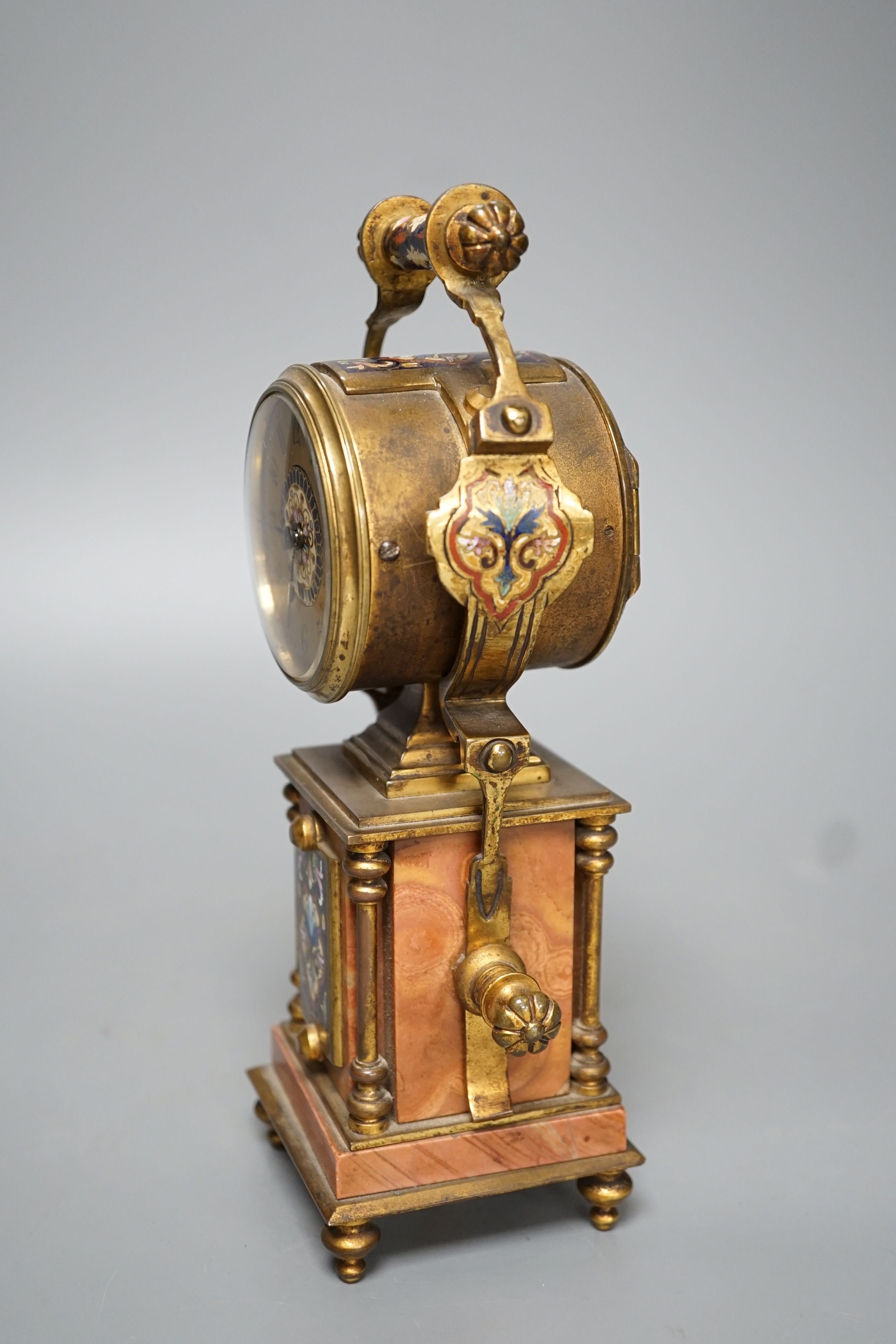 A French champleve enamel ormolu and marble mantle timepiece - 23cm high